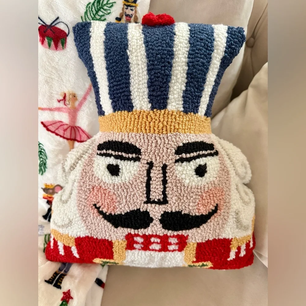 Nutcracker Soldier Hooked Punch Needle Throw Pillow Christmas Holiday Decor